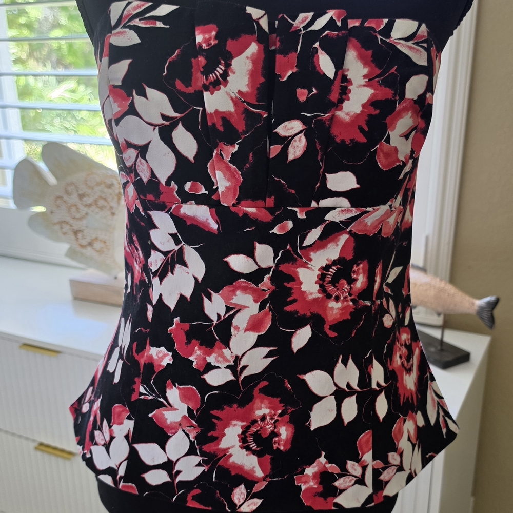 White House Black Market Black Top with Pink & White Floral Accents